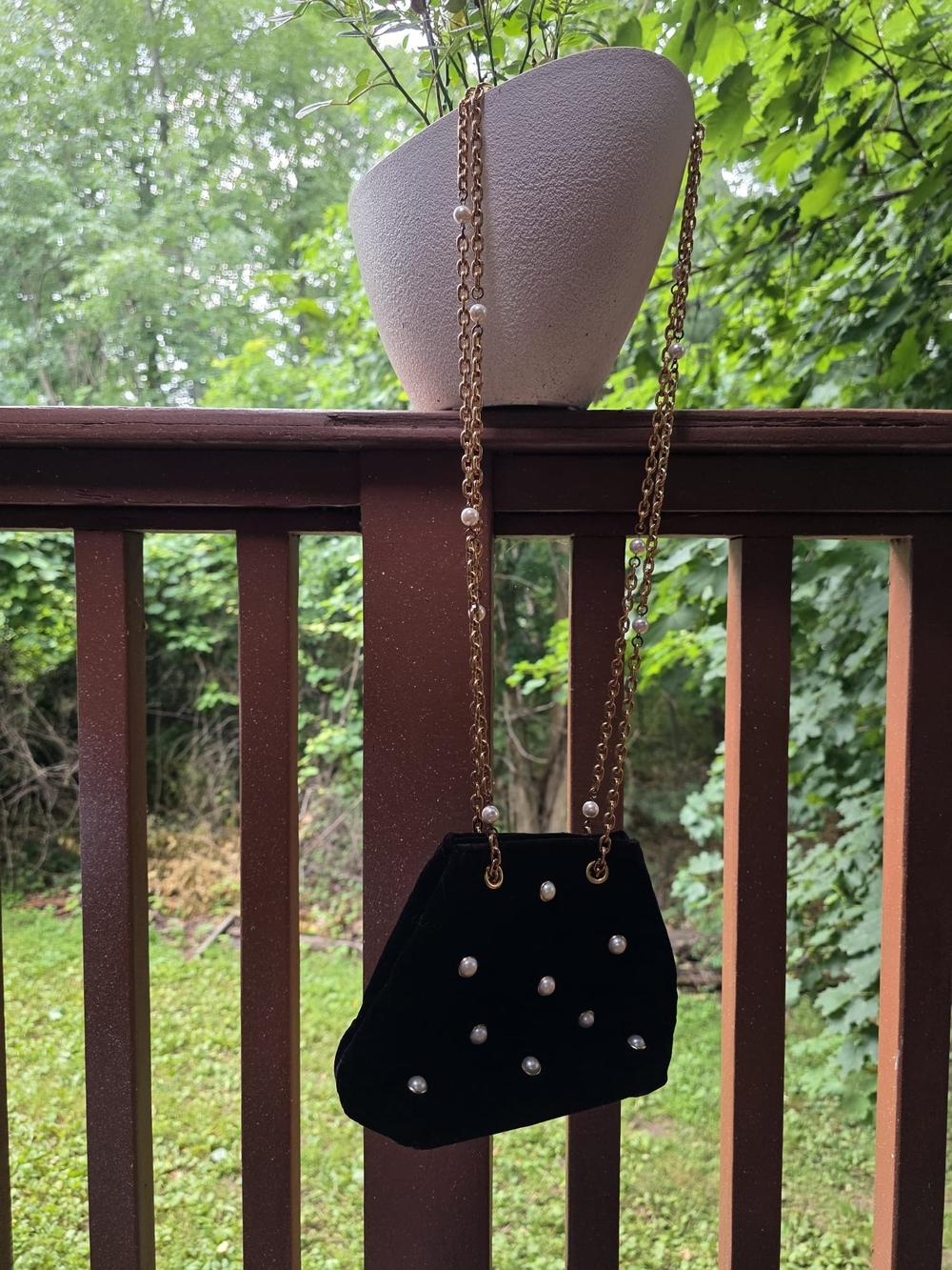 Ann Taylor Black Velvet Crossbody with Pearl Accents and Gold Chain